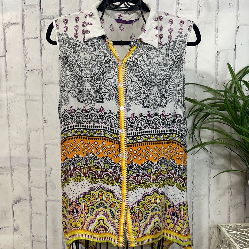 Srishti Indie Shirt Bohemian Button-Up Sleeveless Collared High-Low Gauzy Rayon